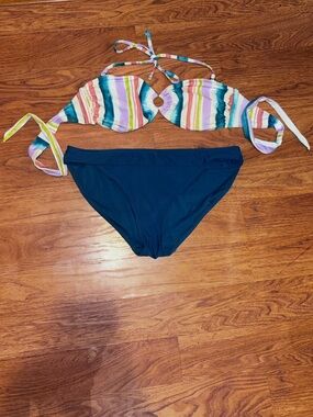 Striped Multicolor Halter Bikini Top with Solid Turquoise /Navy Bottoms